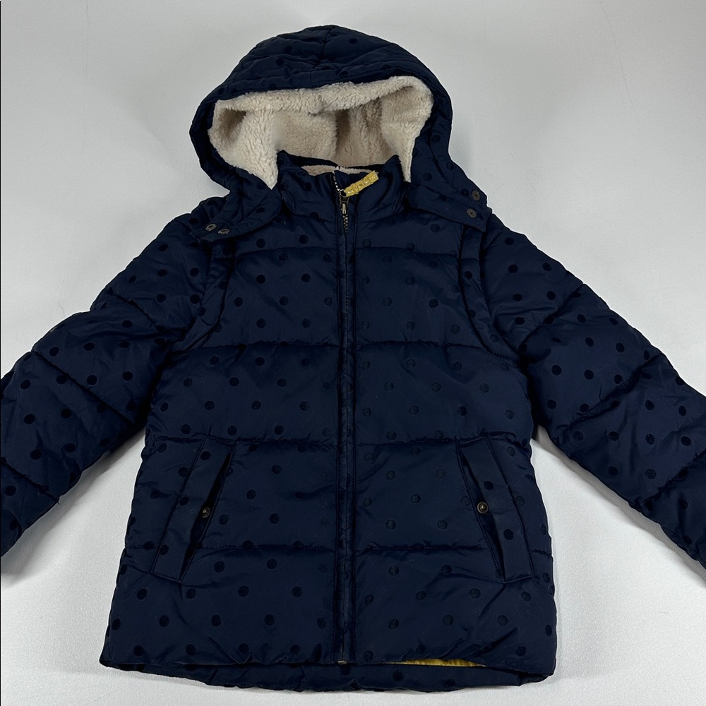 Mini Boden size 5-6 Navy Polka Dot Puffer Jacket Vest Detachable Hood